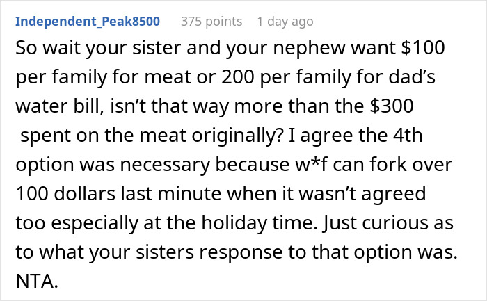 Reddit comment discussing family disagreements over refusing to bring expensive food for Thanksgiving and holiday expenses.