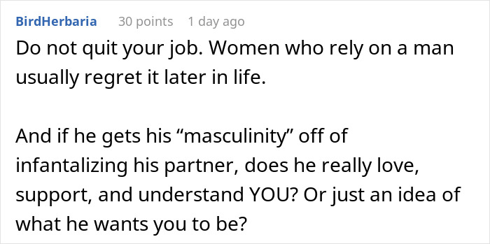 Comment urging women not to quit jobs after husband&rsquo;s promotion, discussing gender roles and relationship support.