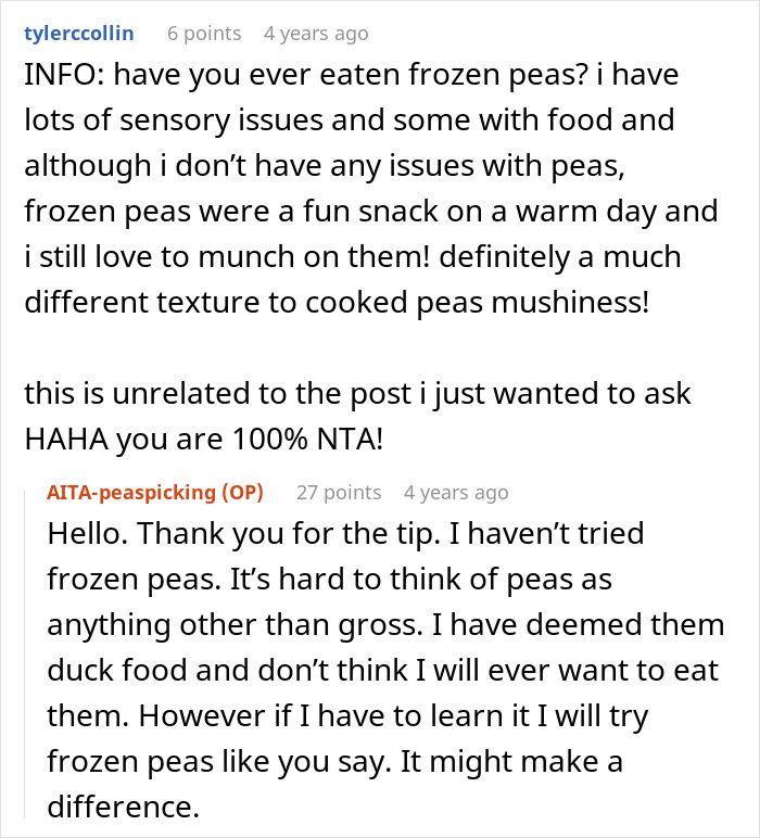Text conversation about man picking at food during dinner with mom’s boss, discussing sensory issues and frozen peas preferences. Text conversation about man picking at food during dinner with mom’s boss, discussing sensory issues and frozen peas preferences.