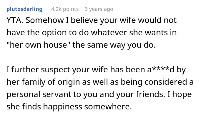 Screenshot of a Reddit comment giving a reality check about a man expecting his wife to cook for guests.