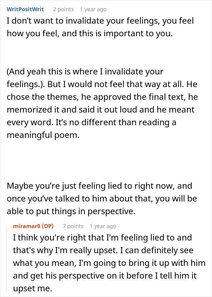 Online discussion about groom’s vows making wife cry and her conflicted feelings after learning how he wrote them Online discussion about groom’s vows making wife cry and her conflicted feelings after learning how he wrote them