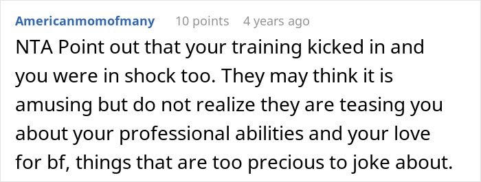 Screenshot of a Reddit comment discussing someone upset that a nurse prioritized dogs and a baby during a car crash.