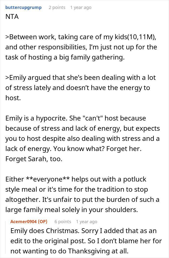 Commenter discusses woman asking for a break from hosting traditional family Thanksgiving amid stress and criticism from sisters.