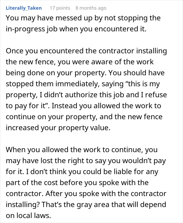 Comment explaining legal advice about refusing to pay $2000 after neighbor replaces rotten fence without agreement.
