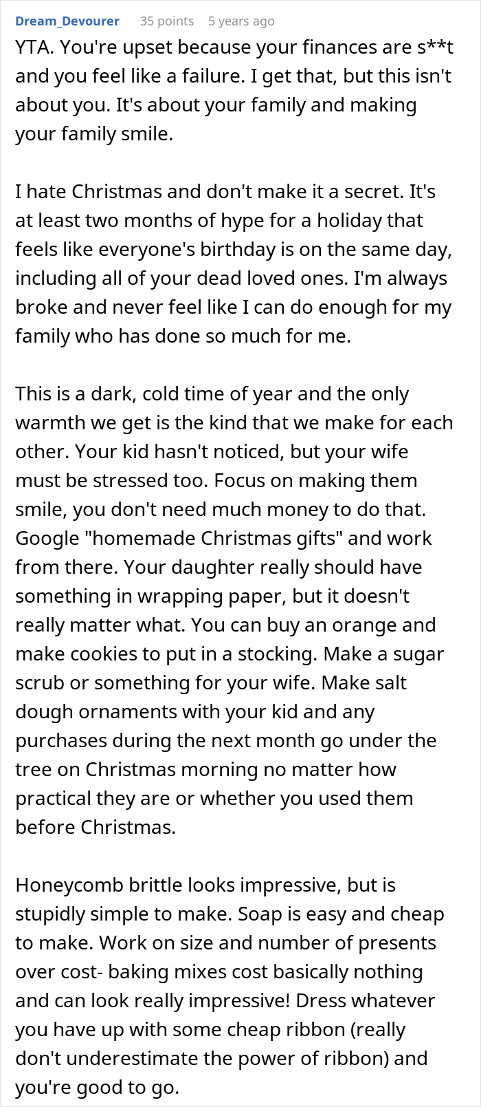 Comment advising a father struggling with finances to focus on homemade Christmas gifts and family smiles despite money worries.
