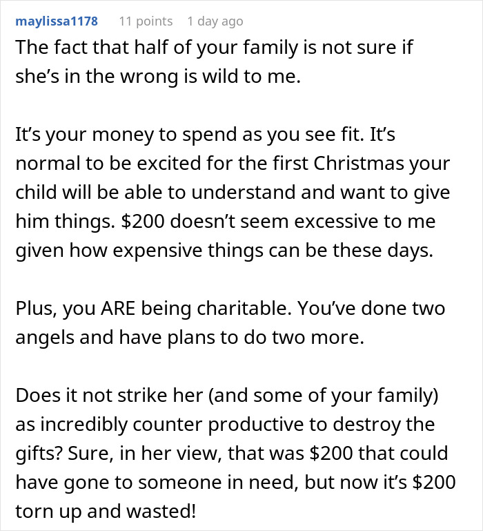 Comment discussing a woman deciding to destroy child's Christmas presents over sister not doing enough for charity.
