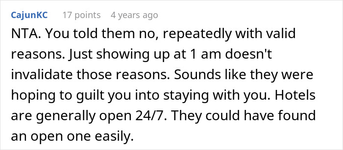 Screenshot of a Reddit comment discussing a family surprise at 1 a.m. on Christmas that resulted in getting kicked out.