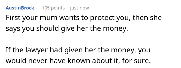 Comment discussing a mom preventing solicitor from contacting daughter about grandma’s inheritance to protect her. Comment discussing a mom preventing solicitor from contacting daughter about grandma’s inheritance to protect her.