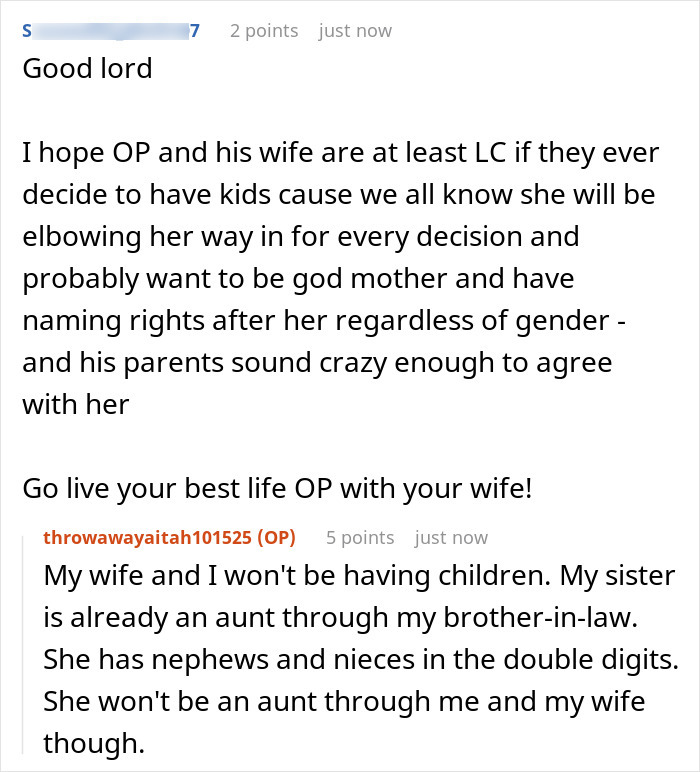 Reddit conversation about a guy rejecting his sister's idea for his big wedding, causing family conflict and rejection sensitive dysphoria.