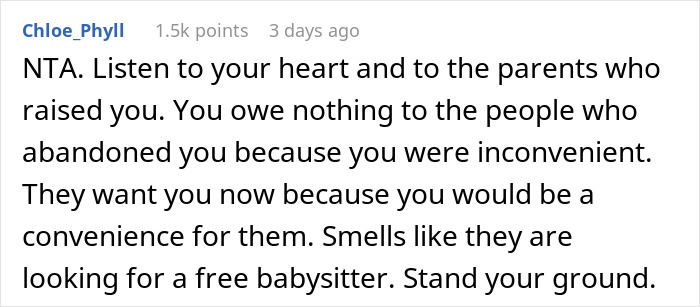 Comment discussing the feelings of an abandoned son towards parents wanting a happy family reunion after 17 years.