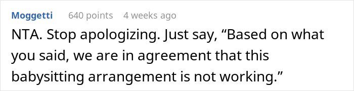 Screenshot of a forum comment discussing free babysitting expectations and a babysitting arrangement not working.