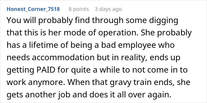 Comment text from Honest_Corner_7518 discussing a woman&rsquo;s repeated bad employee behavior affecting coworkers at work.