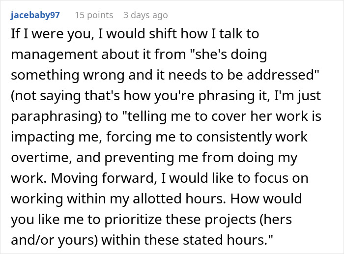 Alt text: Woman explains workplace frustration after coworker eats what she shouldn&rsquo;t, causing work and overtime issues.