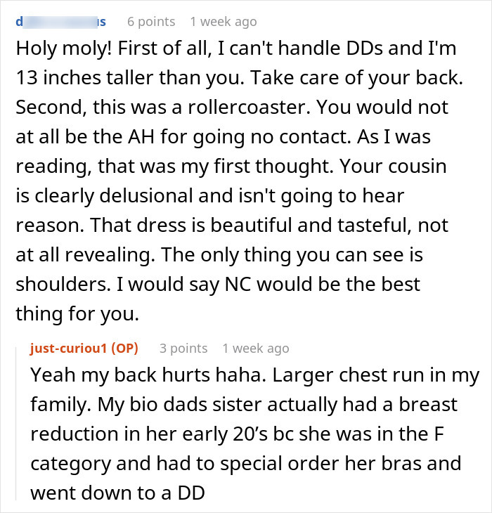Commenter discusses bride&rsquo;s mad cousin upset over dress at wedding, describing the dress as beautiful and tasteful.