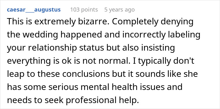 Commenter discusses husband bewildered at wife seemingly forgetting their wedding and suggests mental health help.