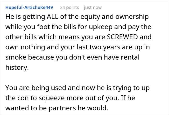 Screenshot of a Reddit comment discussing equity, ownership, and relationship issues in a renovation financing conflict.