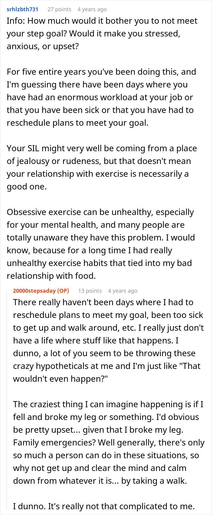 Text conversation about maintaining 20K steps per day despite challenges and criticism from sister-in-law.