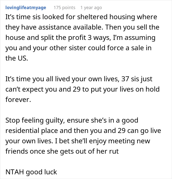 Comment discussing caretaker snapping at sister after years of sacrificing career, frustrated by constant guilt trips.