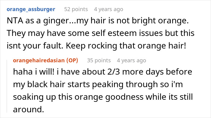 Online discussion about dyeing hair orange and dealing with classmate drama relating to self-esteem and hair color changes.