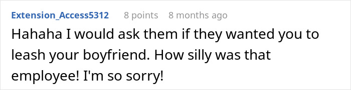 Comment discussing Disneyland security questions about a disabled woman bringing a service dog despite having a boyfriend.