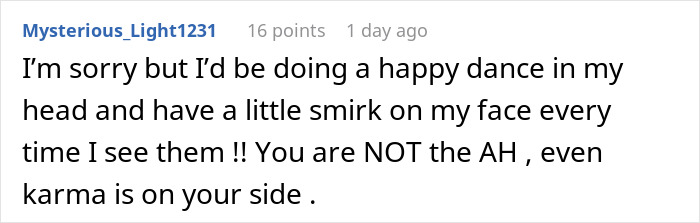 Screenshot of a Reddit comment where a user shares support against a cheating husband and his mistress’s infertility issues. Screenshot of a Reddit comment where a user shares support against a cheating husband and his mistress’s infertility issues.