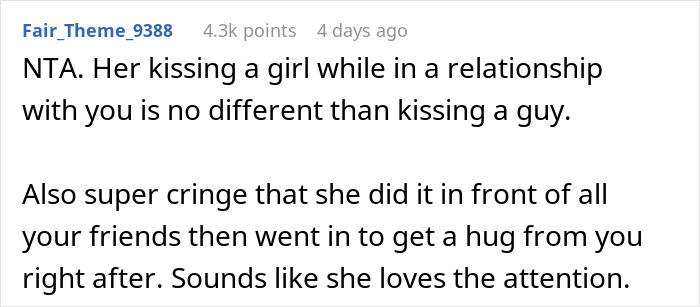Comment discussing a girlfriend kissing another woman in front of friends and relationship issues.