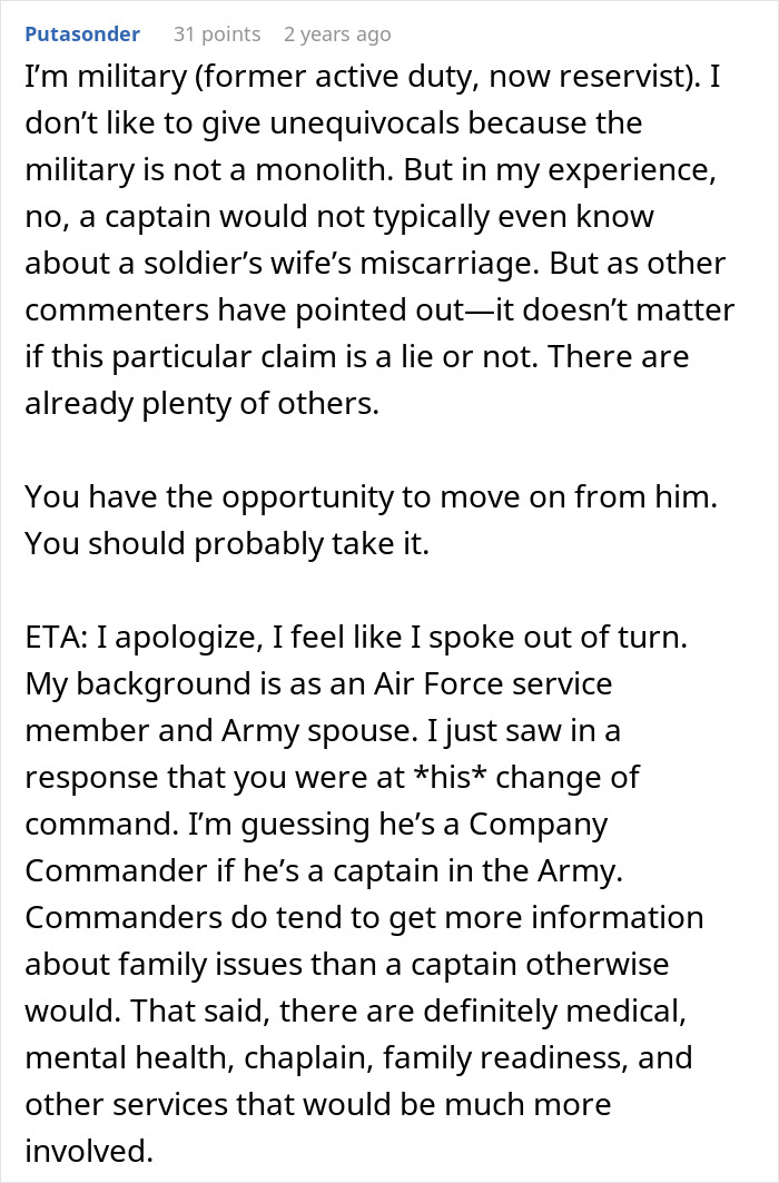 Commenter sharing military experience while discussing man lying about master's degree and wife uncovering the truth.