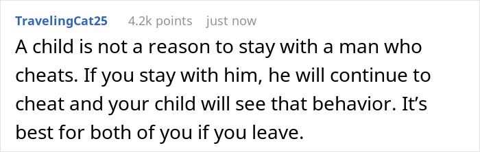 Comment about boyfriend cheating woman on vacation advising to leave for the child's well-being and stopping cheating behavior.