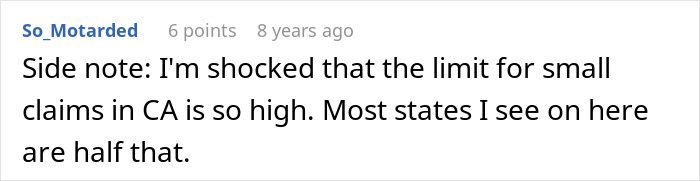 Screenshot of a forum comment discussing small claims limits in California related to a neighbor dispute lawsuit.