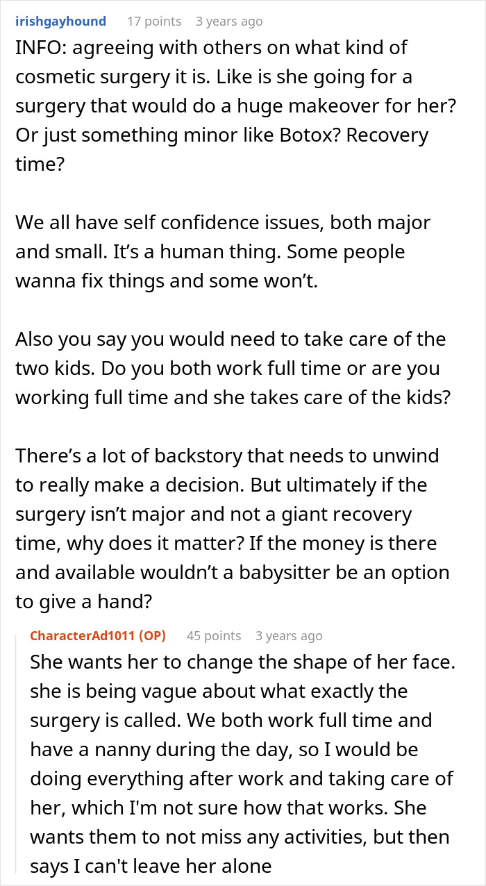 Online discussion about refusing help to recover from cosmetic surgery and managing childcare responsibilities.