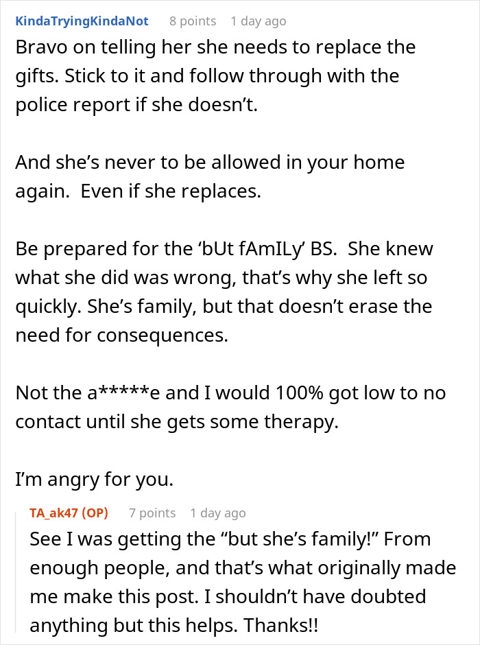 Reddit comments discussing consequences after woman destroys child&rsquo;s Christmas presents over sister&rsquo;s charity efforts.