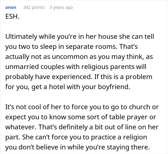 Text post discussing MIL making son&rsquo;s girlfriend sleep in a different room and insisting on praying or church attendance.