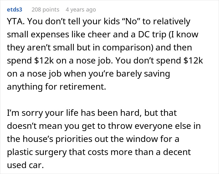 Reddit user criticizes choosing nose job over kids college funds, highlighting financial priorities and retirement savings concerns.