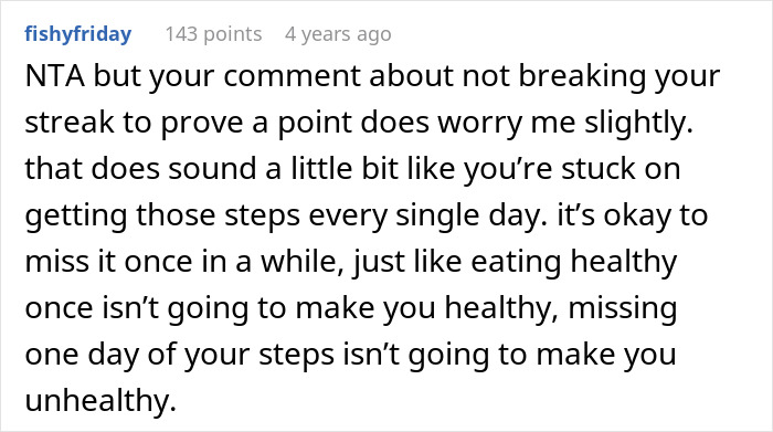 Screenshot of a Reddit comment discussing the pressure of maintaining 20K steps daily despite occasional misses.