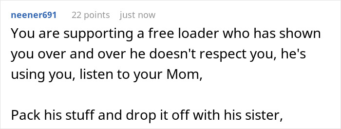 Reddit comment advising to pack up and drop off belongings with sister after guy secretly gives key to girlfriend's house.