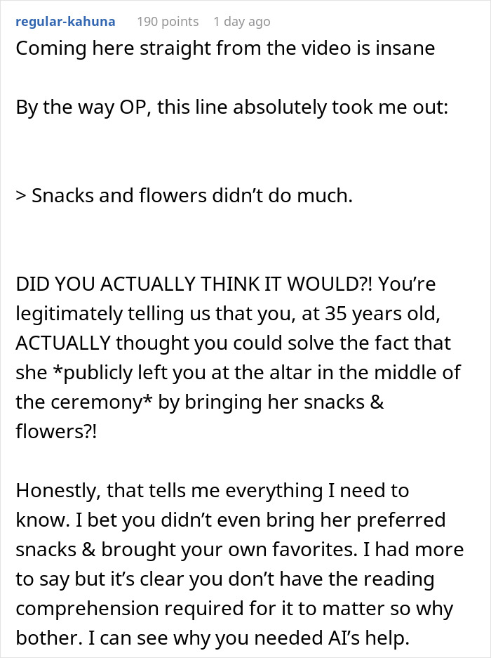 Commenter discusses a bride running away from the altar after wedding vows written with ChatGPT by the groom.