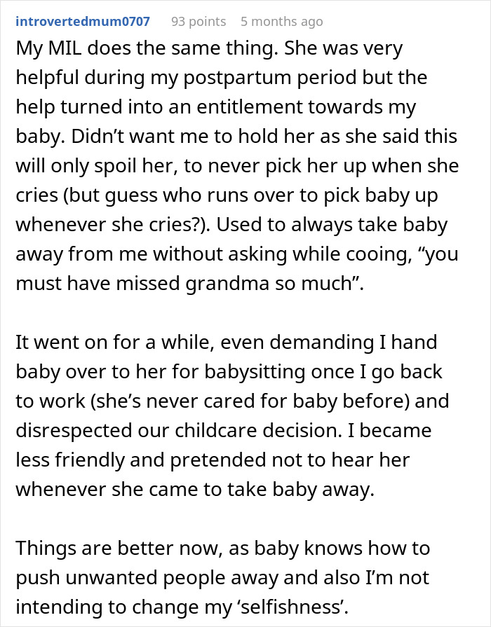 Screenshot of a Reddit comment by introvertedmum0707 sharing why she won&rsquo;t leave baby alone with mom or MIL.