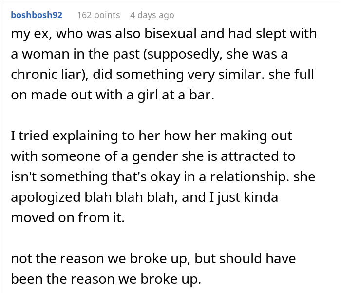 Comment sharing a story about a bisexual ex making out with a woman and relationship issues from a girlfriend kissing another woman.