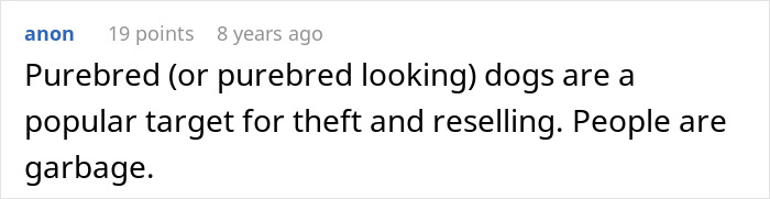 Screenshot of a comment discussing purebred dog theft, relevant to stolen wife&rsquo;s dog sister-in-law topics online.