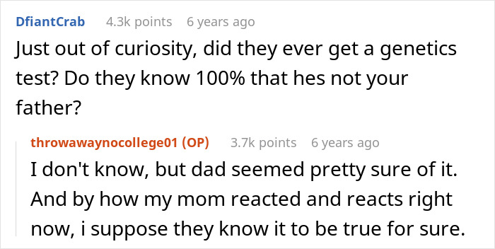 Reddit user discusses mom affair and doubts about college money and dad's paternity in a text conversation.