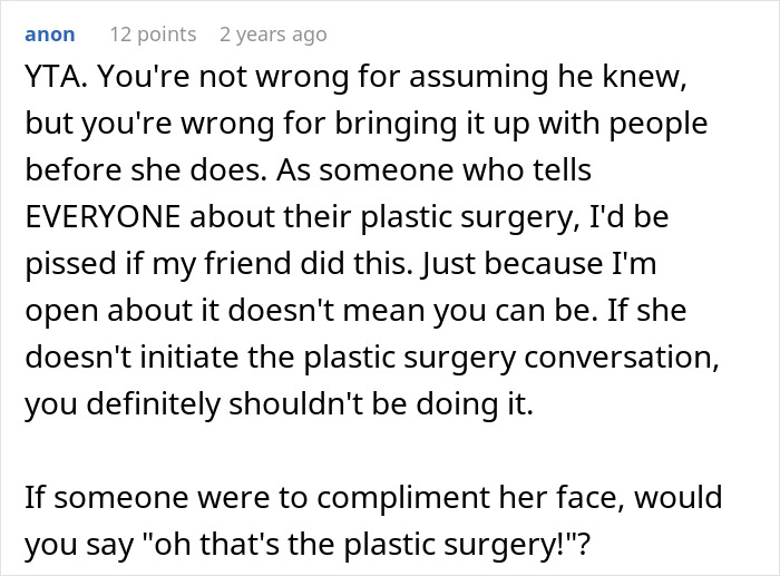 Screenshot of an online forum discussing friendship issues after a woman reveals plastic surgery secrets to a husband. Screenshot of an online forum discussing friendship issues after a woman reveals plastic surgery secrets to a husband.
