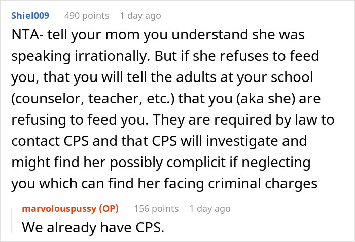 Reddit comments discussing a 17-year-old calling out mom for retiring from parenting and refusing to buy food.