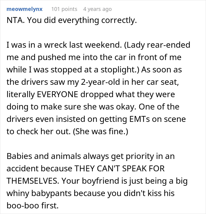 Comment discussing a car crash where a nurse prioritized dogs and a baby during the accident scene.