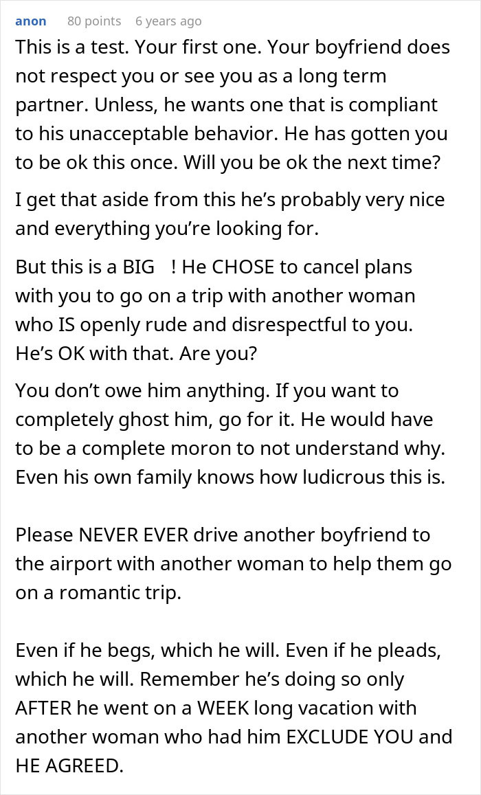 Comment text discussing a guy refusing to accept break-up after going on a romantic trip with a female friend. Comment text discussing a guy refusing to accept break-up after going on a romantic trip with a female friend.