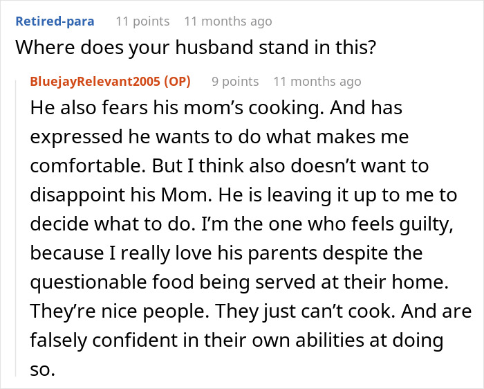 Comment discussing fears about MIL&rsquo;s cooking being hazardous and its impact on a pregnant woman&rsquo;s Thanksgiving plans.