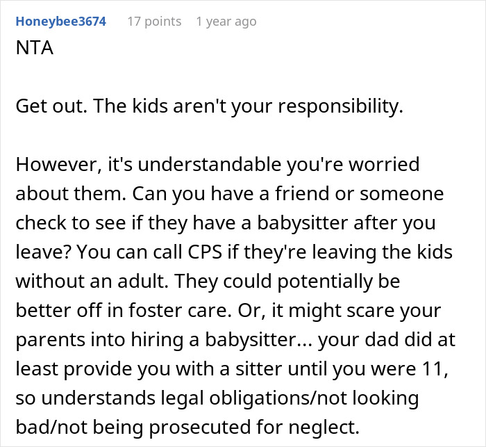 Comment from Reddit user advising teen about babysitting step-siblings and concerns about legal obligations and foster care risks.