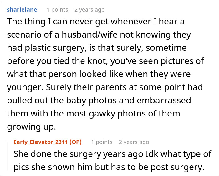 Comment thread discussing friendship crumbles and secret plastic surgery revealed to husband online. Comment thread discussing friendship crumbles and secret plastic surgery revealed to husband online.