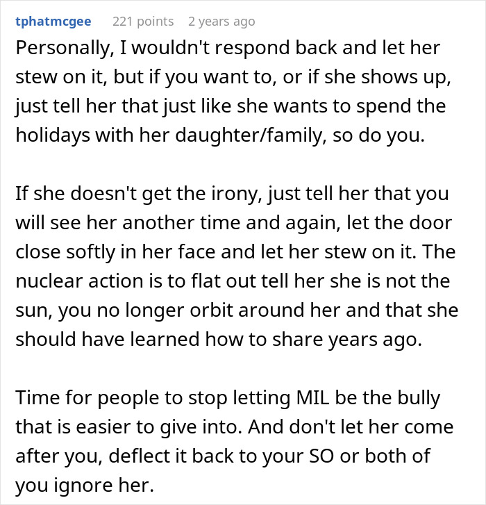 Comment advising how to handle a Thanksgiving conflict with MIL who exploded over time with kid plans.