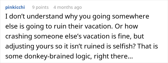 Screenshot of a comment debating the logic behind a MIL joining a couple&rsquo;s vacation and its impact on the trip.