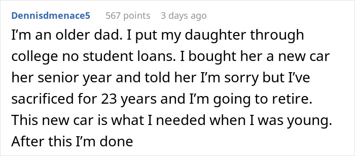 Screenshot of a Reddit comment from an older dad explaining sacrifices for children and plans for retirement finances.